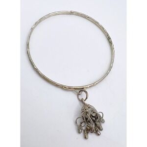 Vintage Silver Tone Textured Bangle‎ Bracelet w Filigree Dangle Charm
